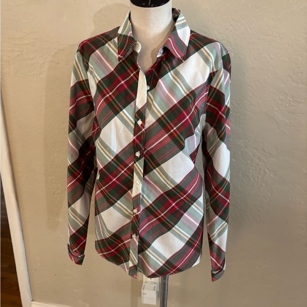 Kim Rogers Red/White/Green Plaid Button-Up Shirt Sz L
